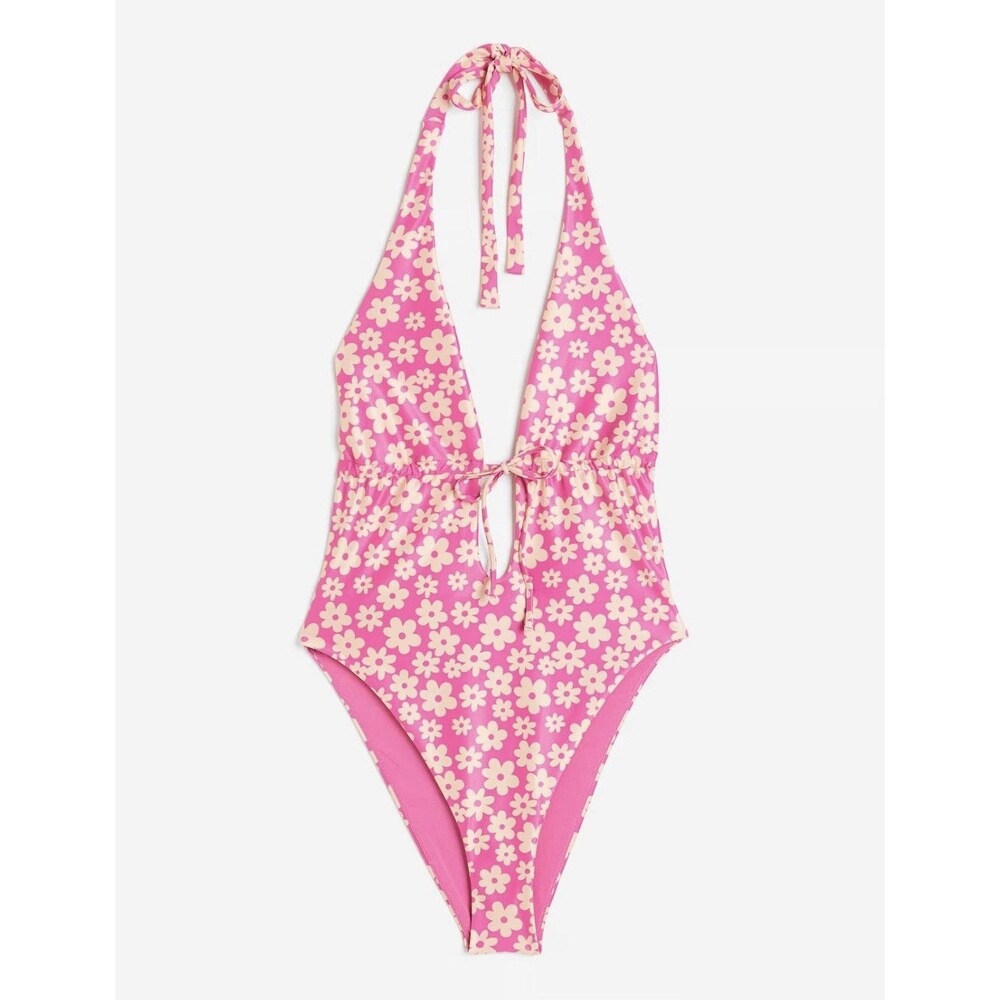 HM Pink Floral Swimsuit One Pc High Cut Halter Top Deep V With Tie String Size M